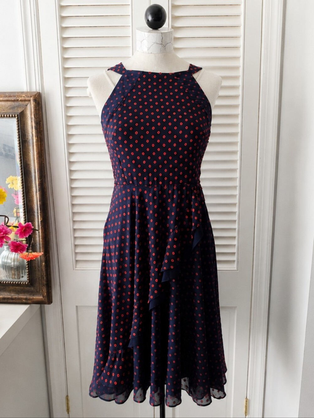 Eva Franco Anthropologie Navy Red Polka Dot Ruffle Tea Dress Size 4